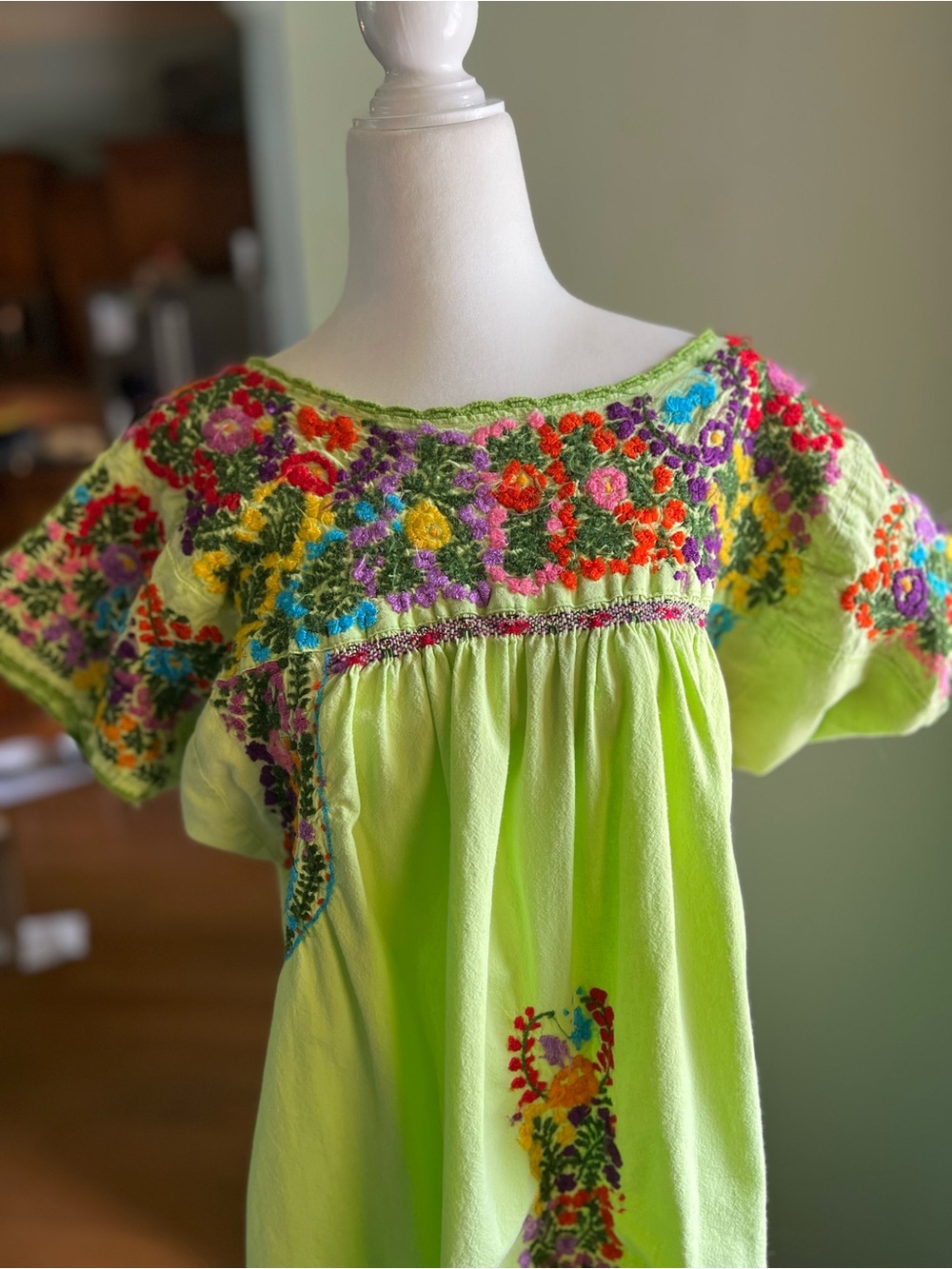 Hand-Embroidered Lime Green Midi Dress with Floral Yoke M Cottage Core Boho - Picture 2 of 11